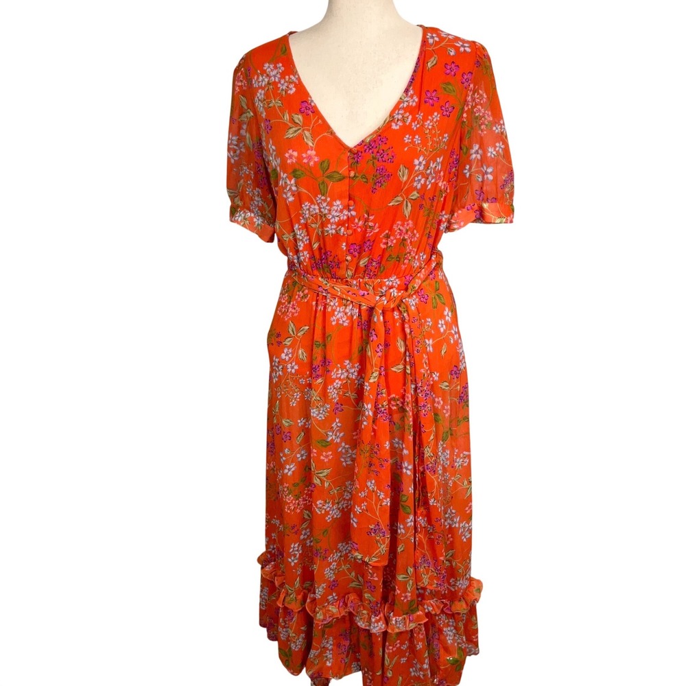 Calvin Klein Dress Womens 10‎ Orange Floral Maxi Boho Peasant Ruffle Cottagecore